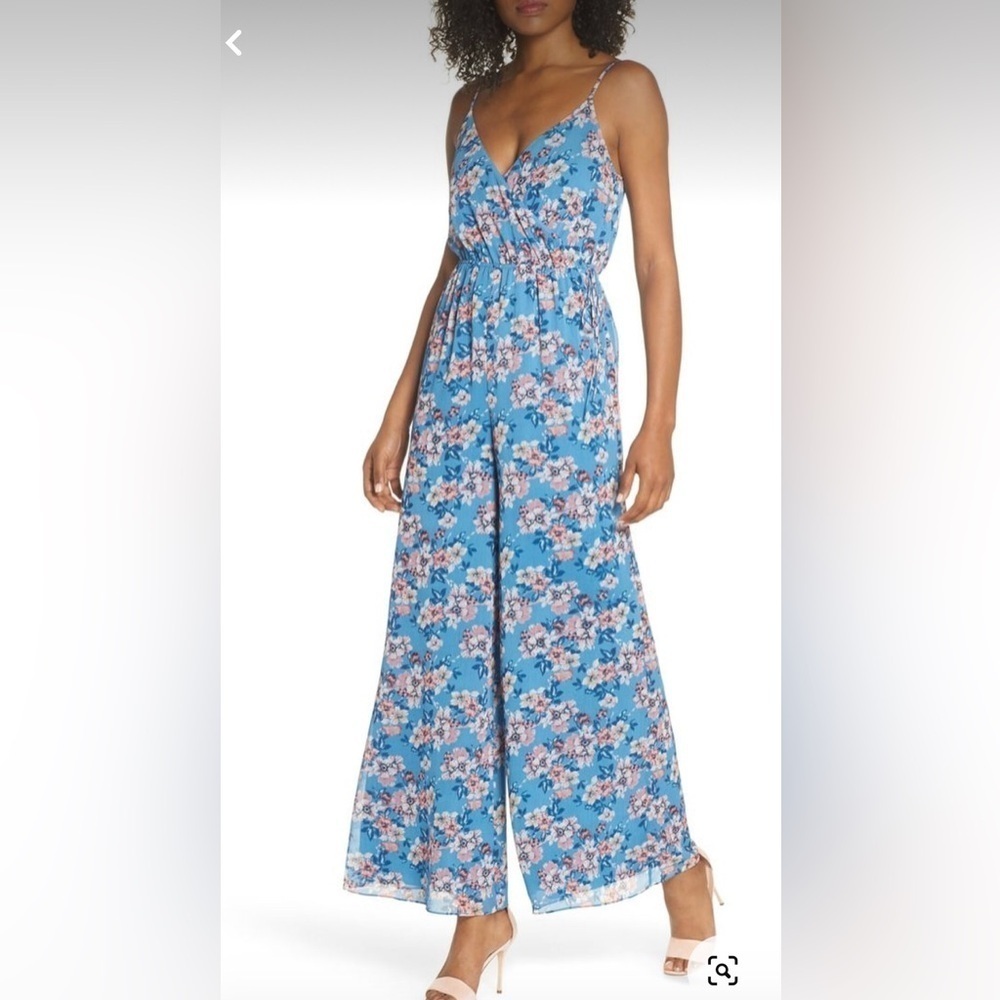 ALI & JAY Los Angeles Lily Pond Faux Wrap Wide Leg Blue Floral Jumpsuit M